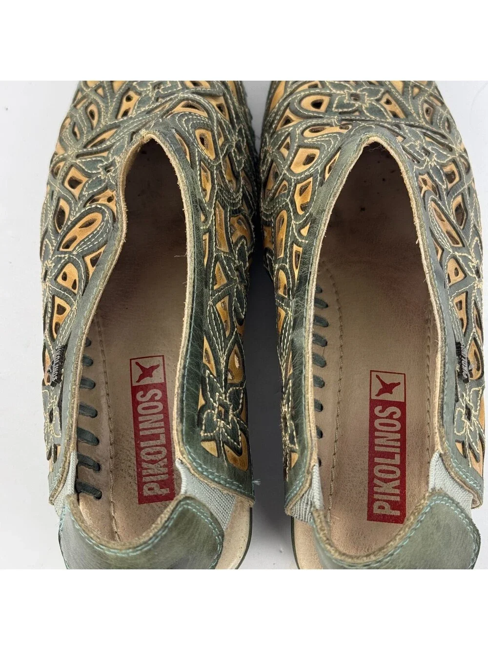 Pikolinos Romana Womens Size 37 Sling Back Wedge Sandals Green Tan Leather